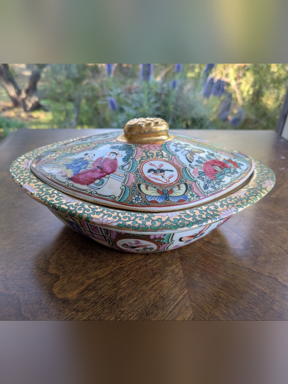 Chinese Rose Medallion Lozenge Box - 10" - Hand-Painted